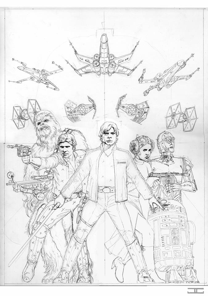 And what’s a Star Wars first issue cover without star fighters? So X-Wings and TIE fighters made their way in. Notice I initially had a set of Vader style TIE fighters in the center, but our friends at Lucasfilm balked at having more than one (there was a fleet constructed, in my mind), so I scrapped them in favor of more standard issue ships...