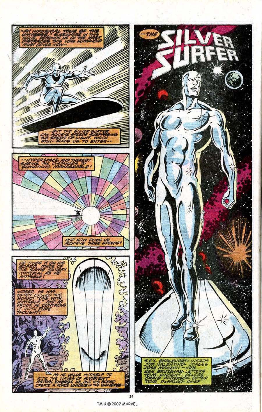 Above, Englehart explains the Surfer exceeds the speed of light and can then enter hyperspace and THIS definition is consistent with the Silver Surfer's ability to exceed light speed and utilize or NOT utilize hyperspace if he chooses to as substantiated below: