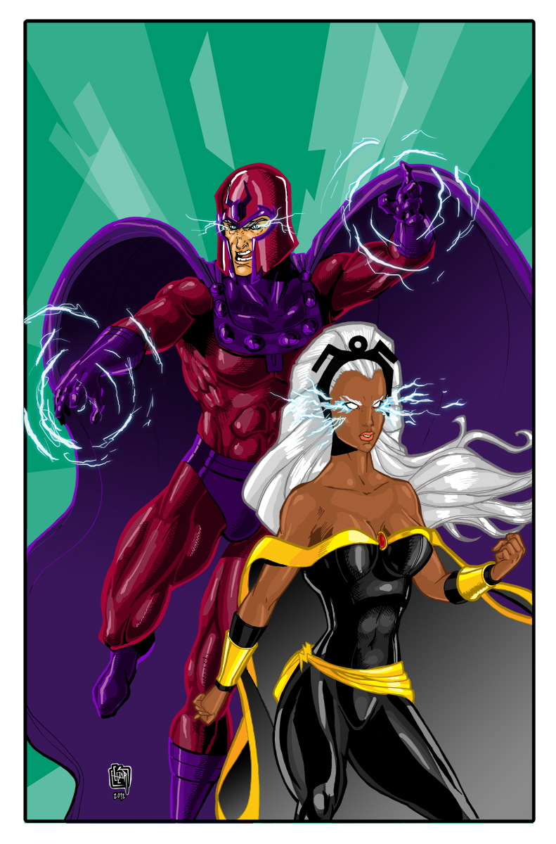 Iron Man & War Machine vs. Magneto & Storm. 