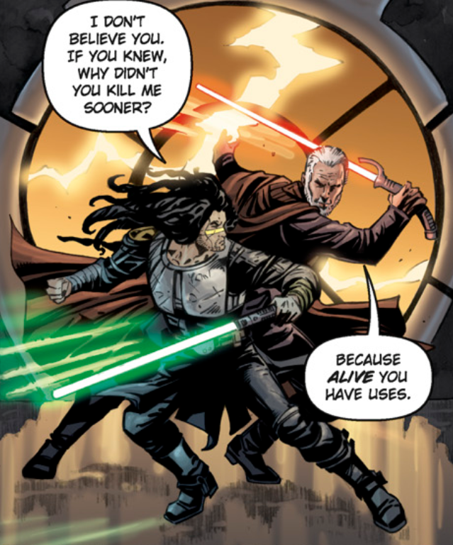 Vos and Dooku continue dueling although it's not clear if they have clashed sabers at this point. Still, neither has an obvious advantage.