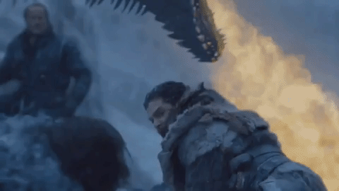 Just as they were about to get overwhelmed, Daenerys and her three dragons came to the rescue. In this GIF here you see Jon covering his comrades while they climb up Drogon's back, but that is only a small bit of the absolute massacre that went on.