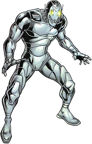 Ultron Theta- Construct from an alternate reality in which a newly created Ultron witnesses Hank Pym murder the Wasp. Shocked by his 'Father's' actions, this realities Ultron becomes a pacifistic member of the Avengers and aids them in bringing Pym to justice. His body is made of materials similar to Iron Man's armor, and contains a variety of non-lethal weaponry and tools.