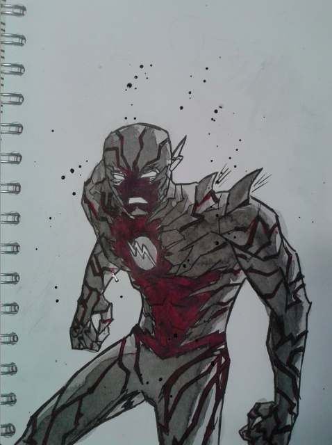 I used a C-7 Grey Copic marker in combination with a R29 red Copic marker to get the colour of his chest/face I also used them for the veins that run across his body. I put paper over his face and chest when I started to flick ink on to the drawing to make sure they aren't affected.