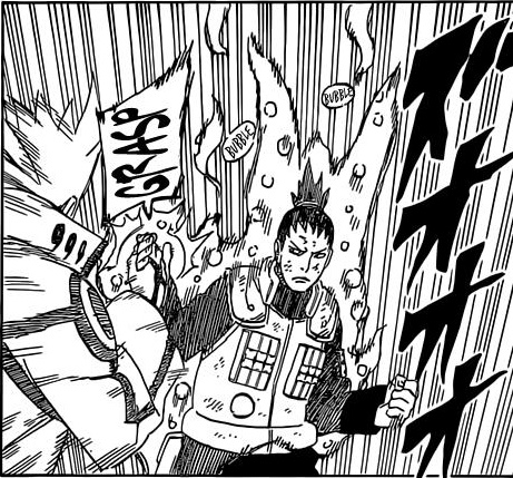 Shikamaru receiving Nine Tails' chakra from Naruto.
