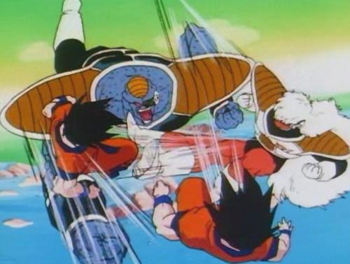 Casually (Goku was jobbing this entire fight) dodges Burter and Jeice's assault.