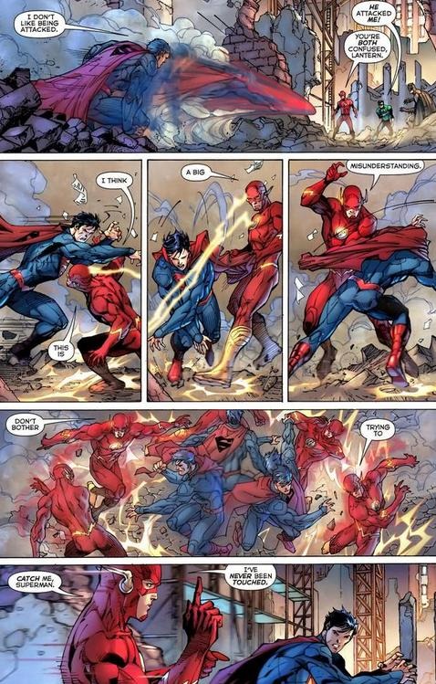 Flash is toying with supes and this is after Flash punched him through a wall