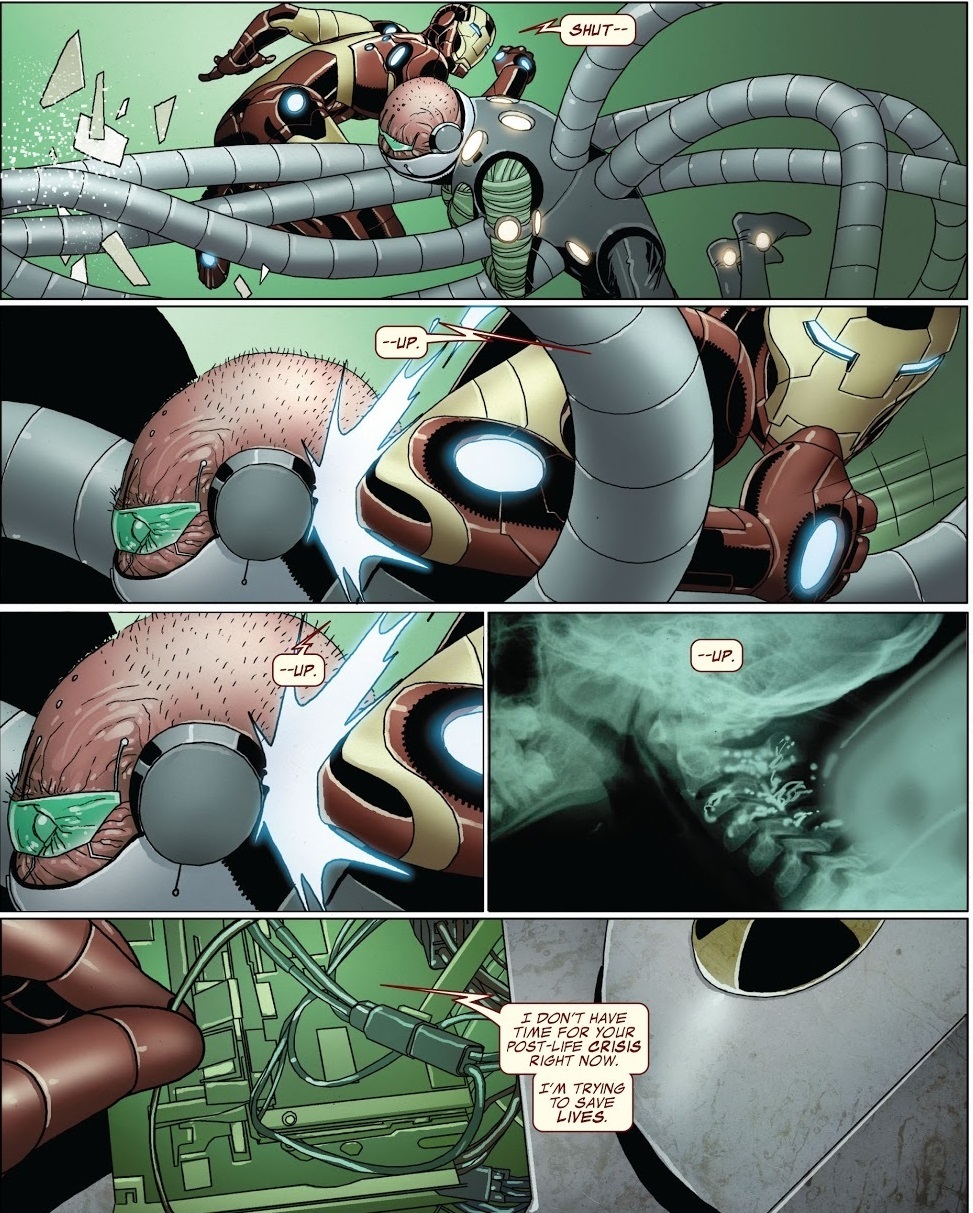 Scan 1: A kick to the head makes Ock open his mouth in pain; Scan 2: An elb...