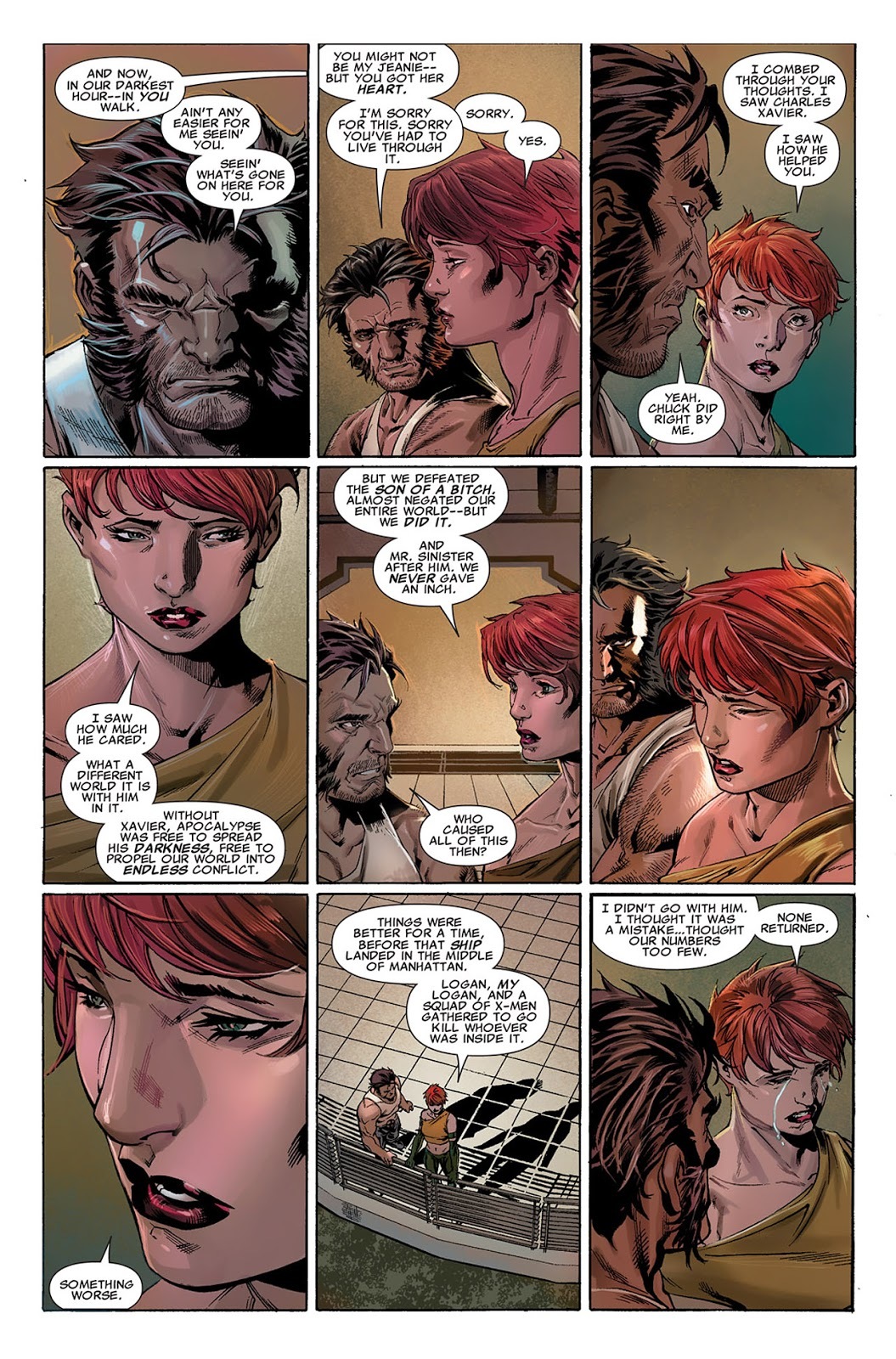 Jean combs through Wolverines memories to see what the 616 reality is like. (Uncanny X-Force vol 1 #12)