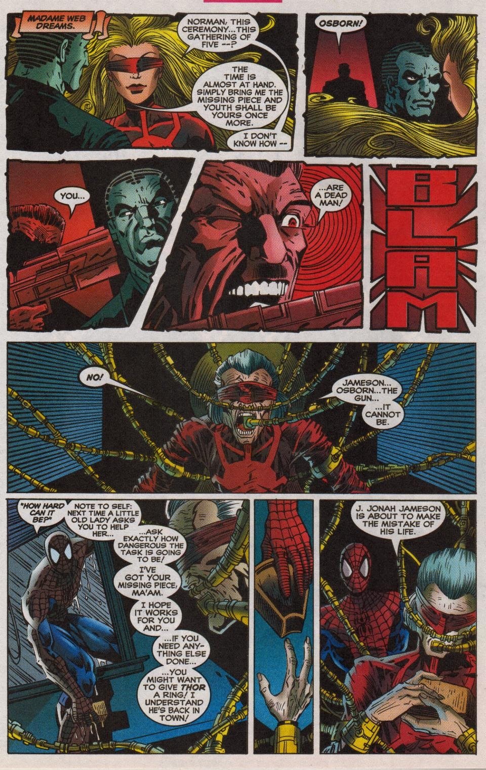 Madame Web foresees J. Jonah Jameson attempting to murder Norman Osborn in the future. (Spider-Man vol 1 #96)