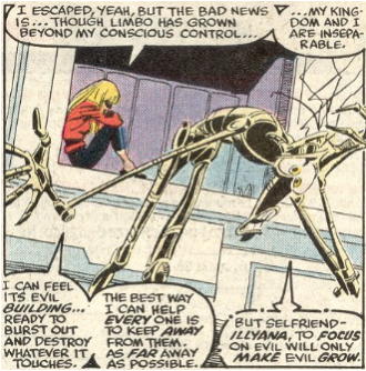 The New Mutants Vol 1, #69 - Magik recognizes that she and Limbo are inseparable, and she simply cannot deal with it. The betrayal by Professor X, combined with Doug's death and the deaths of her brother and the other X-Men, have pushed her past her ability to cope. Inferno is two chapters away.