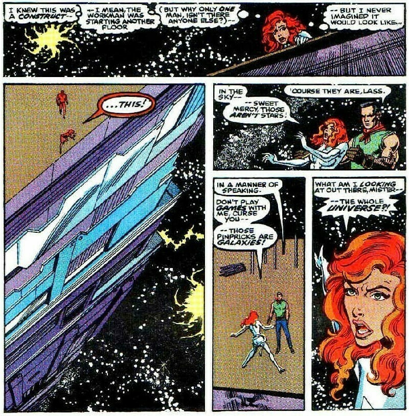 Cosmic Knowledge: White Phoenix recognizes the universe after a moment of contemplating that the stars are actually galaxies in the realm she is in. (Classic X-Men #43)
