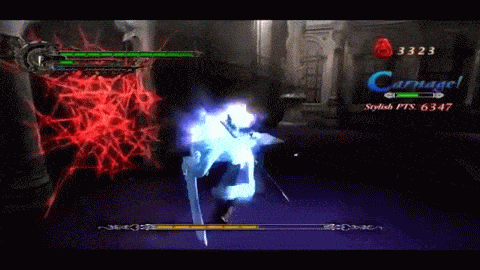 Dante stalemates Nero during a duel and during a test of strength