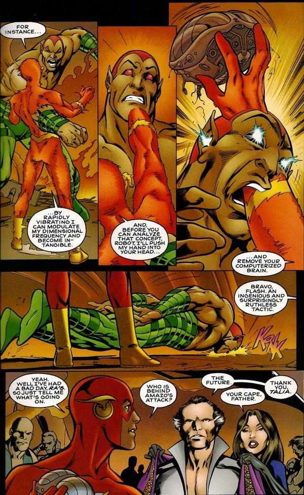 Wally vibrates through amazos punch and then take out his brain before he can react