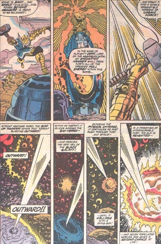 You'd think that such power would have allowed Thor to, at the very least, cut the connection Exitar uses to control his armor and interact with the mortal realm from hyperspace, but it doesn't.