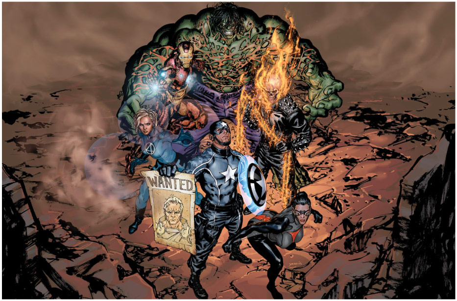  Starting from center and moving right and circling left: Captain America (Steve Rogers, Spiderwoman, Ghost Rider, Hulk, Iron Man and Invisible Woman