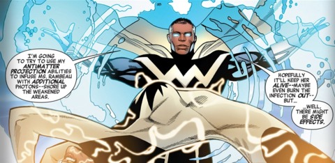 Blue Marvel not only healed Monica Rambeau, but further boosted her electromagnetic abilities, through use of his Anti-Matter powers.