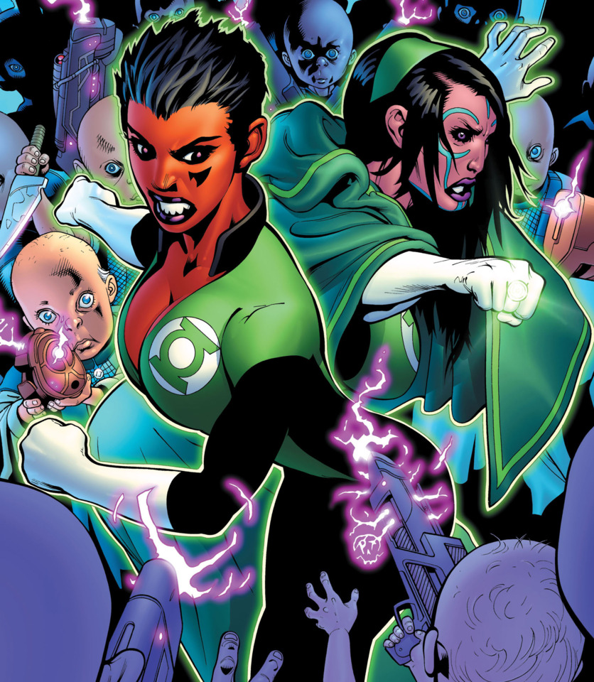 Newly partnered Green Lanterns Iolande and Soranik battle the Children of the White Lobe