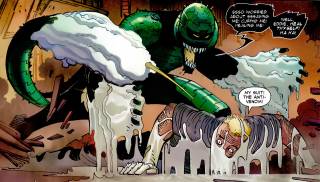 Osborn's venom dissolves the Anti-Venom suit