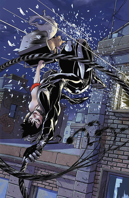 Catwoman escaping a burning building.