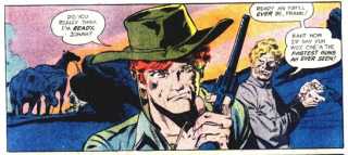 John Albano, Jr. uses color to add interest (sky) and depth (highlights on the hat and shoulders of the figure in the foreground) to enhance this Jonah Hex story