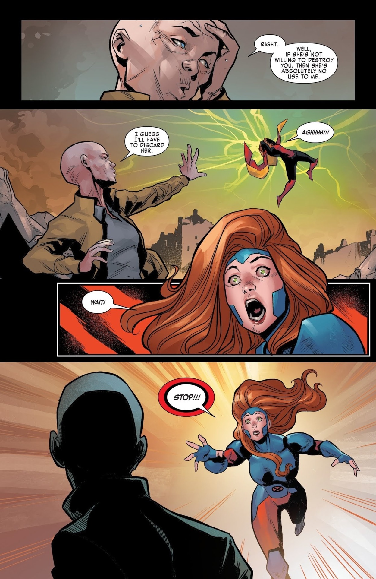 Nova takes control of Rachel Summers' mind and uses her as a pawn against Jean. When she realizes Rachel is able to hold back against Jean, Nova decides to get rid of her and attacks her mind