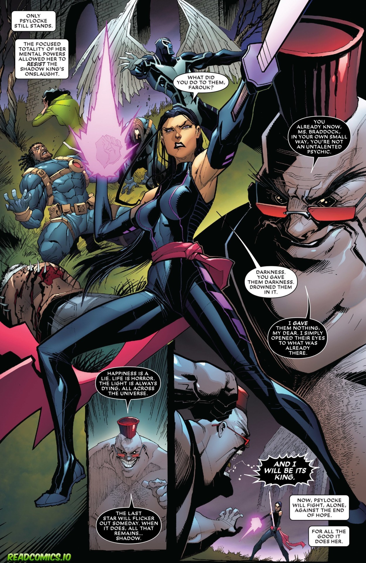 Psylocke's focused totality of her power, the same power that her psionic weapons are made of, protects Psylocke from an amped Shadow King's mental onslaught