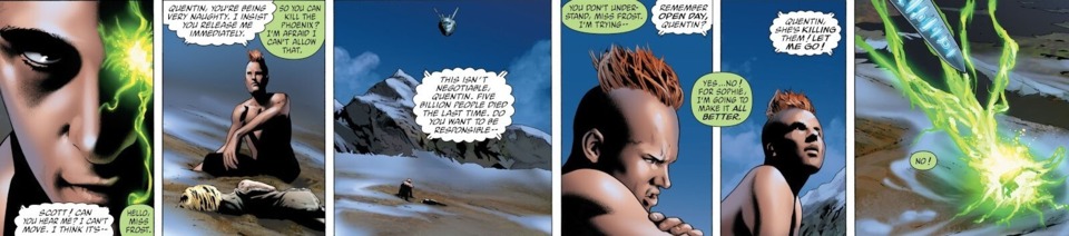 Quire holds Emma Frost, preventing her from attacking the Phoenix