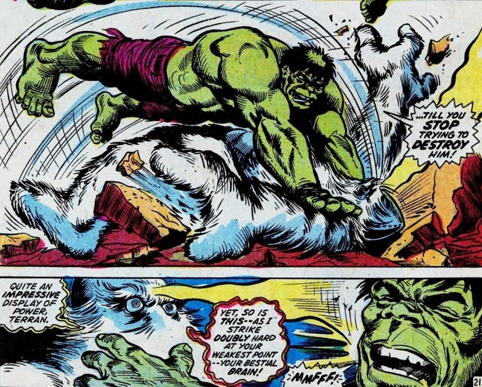 Hurts Hulk with a psi bolt. Dr. Strange states the only reason Hulk survived is because his brain is too small to control