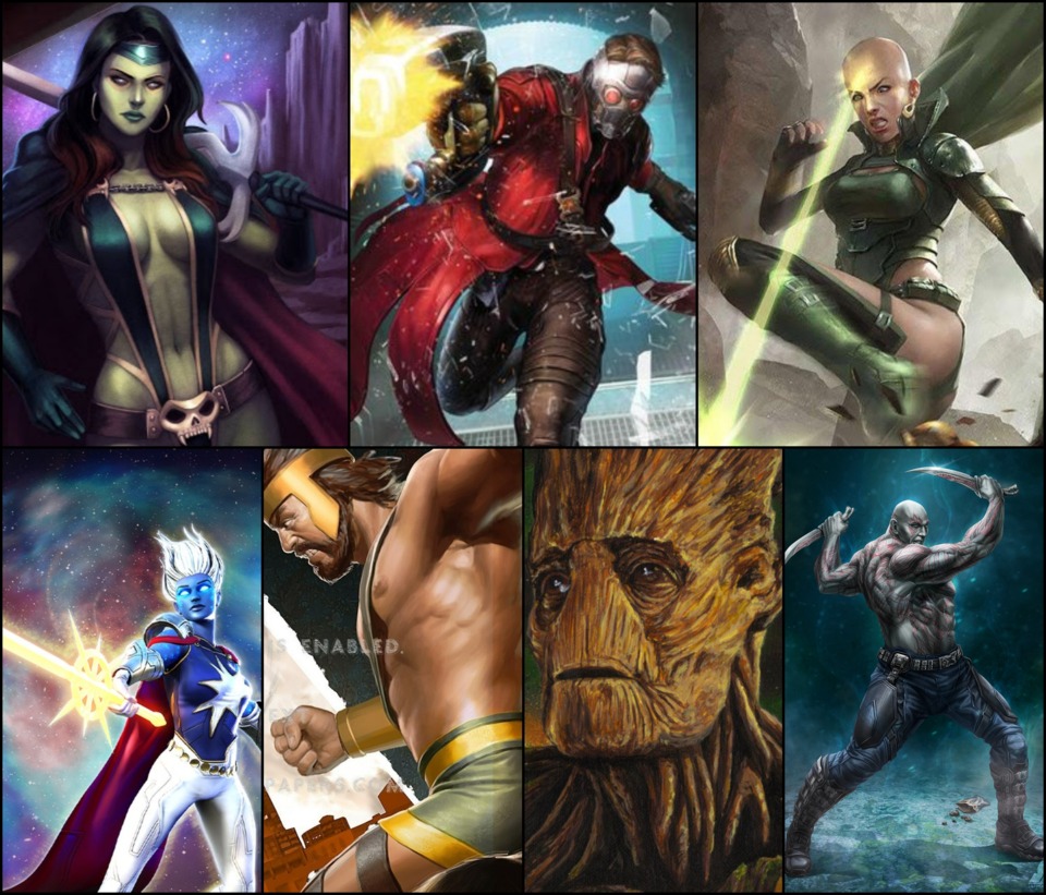 Star Lord, Gamora, Moon Dragon, Phyla Vell, Hercules, Groot, Drax the Destroyer