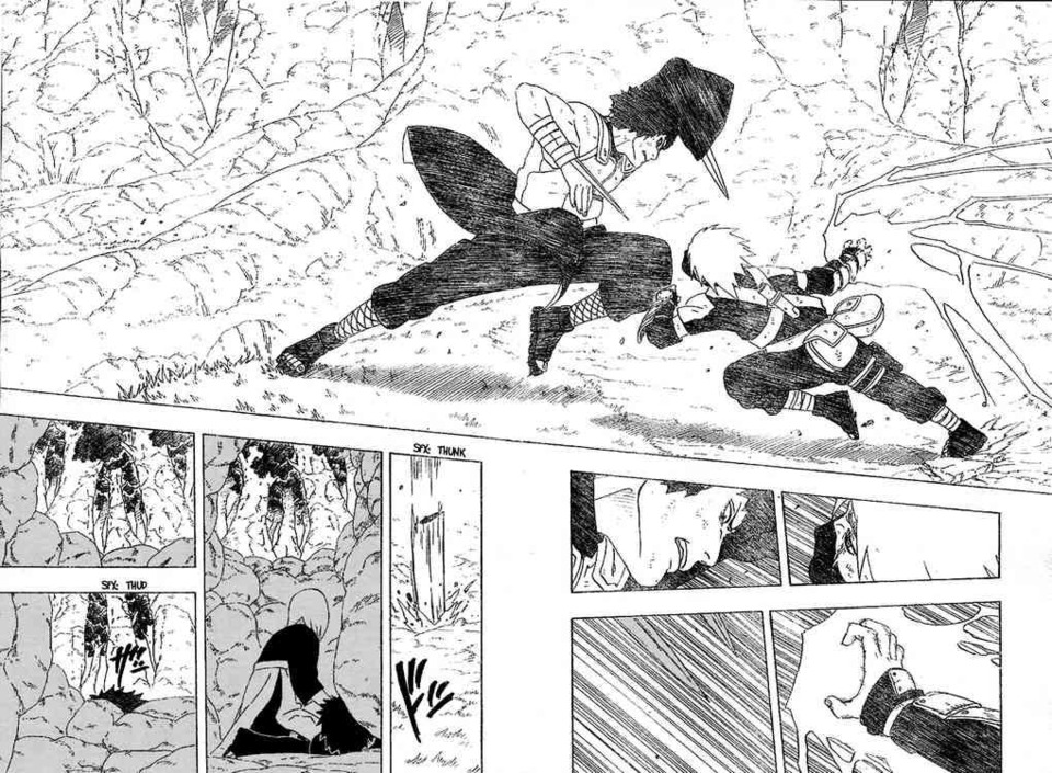 Kakashi activates chidori before the rock ninja from before can slice him.