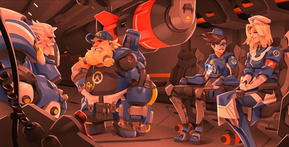 Lena, alongside (from right to left) Reinhart, Torbjorn, and Mercy on her first mission for Overwatch.