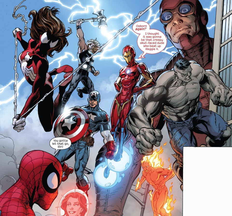 The Ultimate Universe returns at the end of Spider-Men II, with an Ultimates team including Spider-Man, Captain America, Ironheart, Thor, Giant-Man, Hulk, Human Torch and Spider-Woman