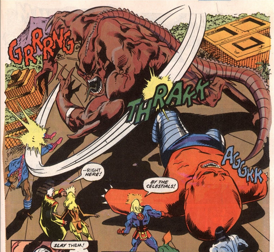 Ajak temporarily downs Karkas and Phastos in a single swing. (Eternals: Herod Factor)