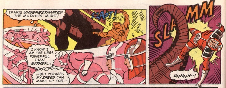 Ajak one-shots Ikaris with eye beams of his own and tags Makkari with his tail. (Eternals: Herod Factor)
