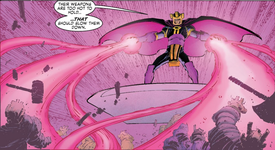 Ajak unleashes dual psionic blasts on a horde of Deviants while carrying a platform telekinetically. (Eternals vol 3 #7)