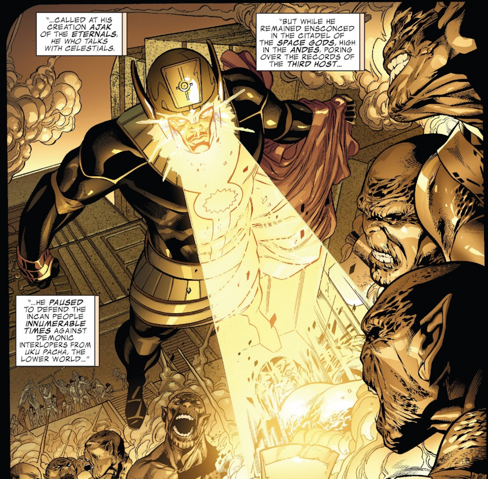 Ajak uses optic beams on what appear to either be Skrulls (relevant for the story this scan comes from) or Deviants (long term foe of the Eternals). (Incredible Hercules vol 1 #117)