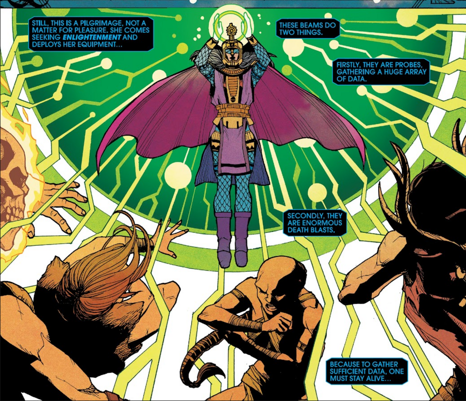 Ajak activates a weapon (seemingly in her helmet) to unleash Death Beams that gather data, while attacking the Avengers 1,000,000. The Avengers team consists of primitive versions of Ghost Rider, Iron Fist, Phoenix, Black Panther, and Starbrand and young versions of Odin and Agamotto (there appears to be no evidence that Starbrand were caught in these Death Beams, since he was downed by a plasma vent prior). (Eternals: Celestia)