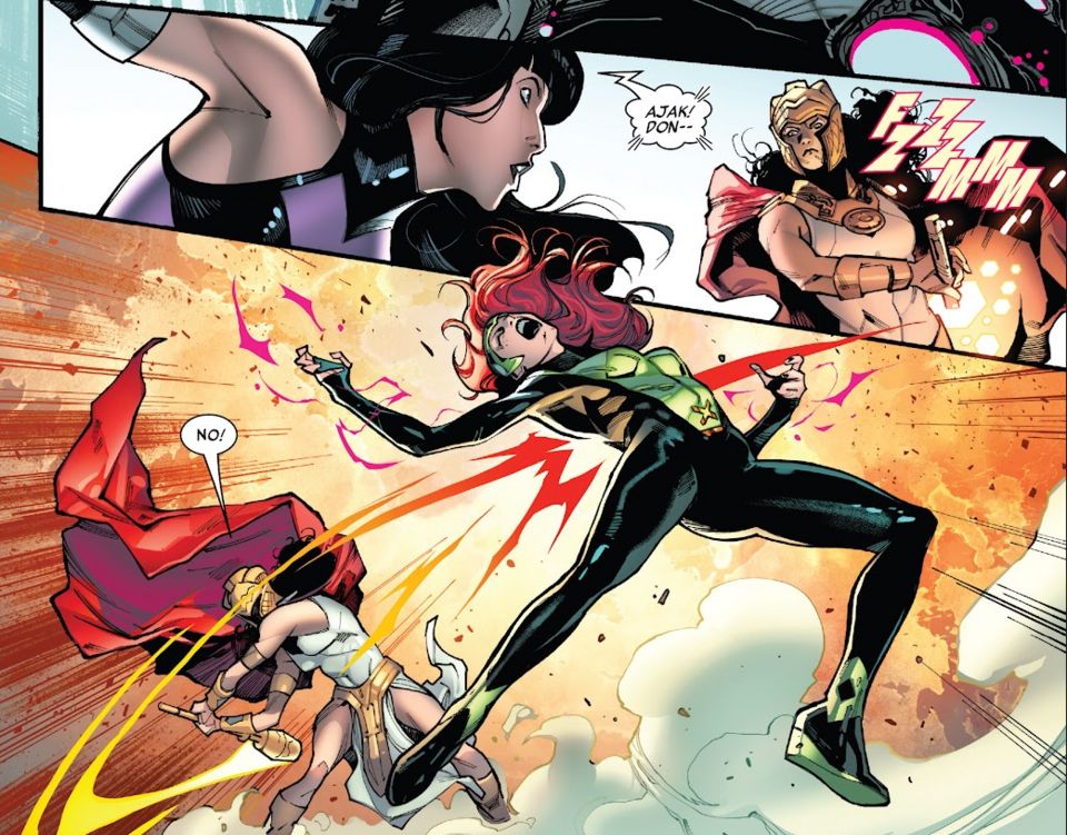 Ajak uses a energy-generating baton/scepter of sorts to stop Jean Grey from killing the Progenitor. (A.X.E.: Judgment Day #6)