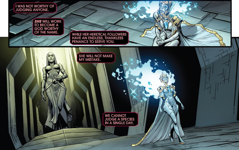 Ajak's role is to act as an ongoing judge of the Earth with the Eternals as her servants, thus working to be a god worthy of the name that the previous Celestials failed at. (A.X.E.: Judgment Day #6)