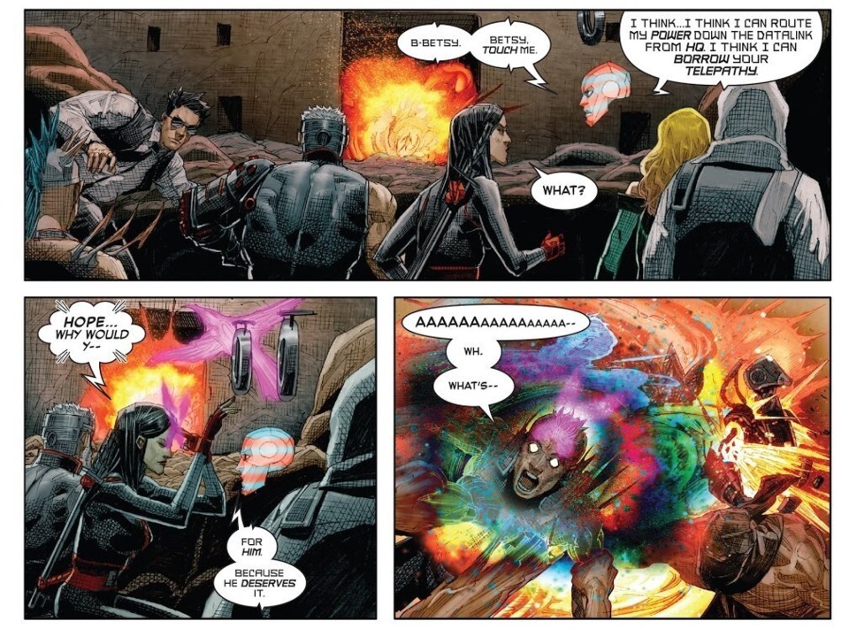 Hope copies Psylocke's telepathy through technology that Hope is connected to. (X-Force vol 4 #9)