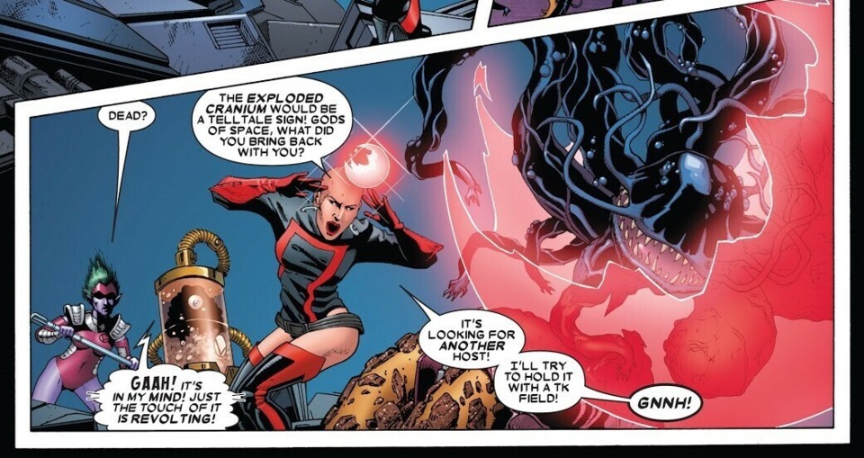 Moondragon contains an alien parasite in a tk field. This feat takes all her strength (Guardians of the Galaxy vol 2 #21)