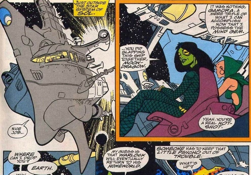 Moondragon uses the Mind Gem to create a new spaceship. How this is accomplished is never outright shown on-panel or implied. (Warlock and the Infinity Watch #4)