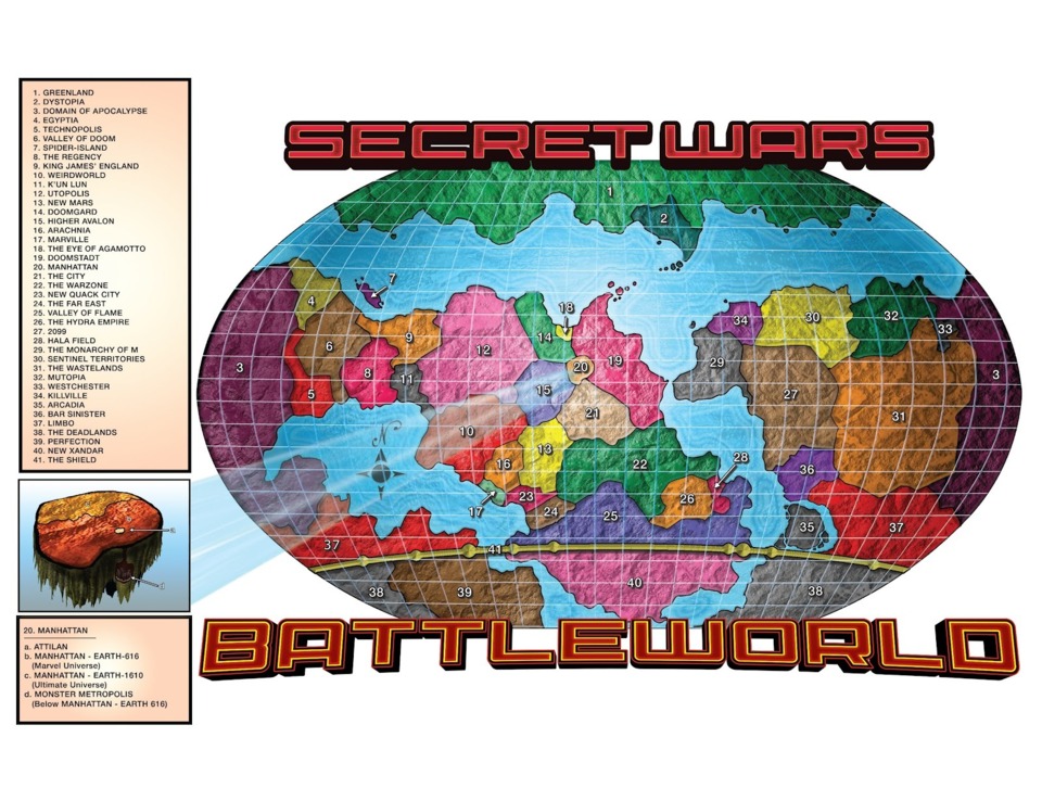 A map of Battleworld, where Limbo is located at number 37. That would be where Madelyne be Baroness for the duration of Secret Wars under God Doom's rule. (Secret Wars 2015 #2)