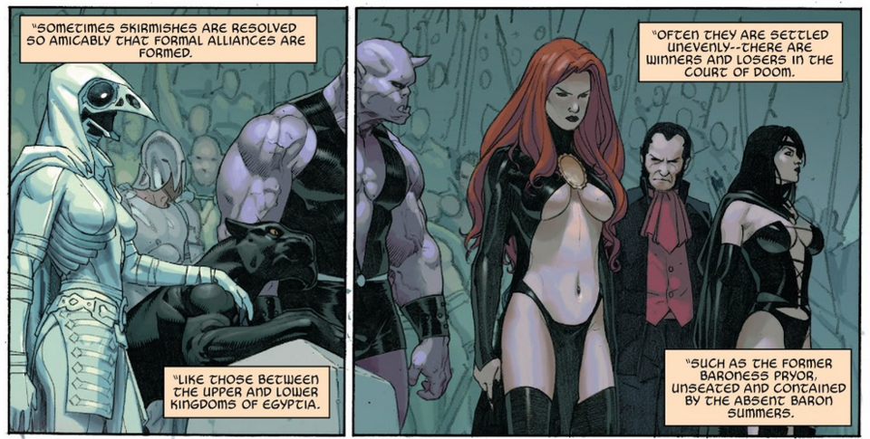 According to a Thor, Madelyne was initially Baroness, but was subsequently dethroned by Baron Scott Summers. This would change later on. (Secret Wars 2015 #2)