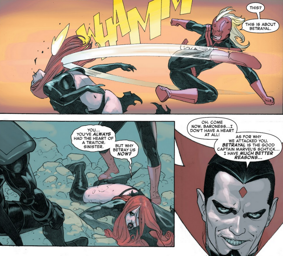 Madelyne tanks getting kicked by a Sinister-version of Captain Marvel, though she is apparently completely incapacitated. (Secret Wars 2015 #7)