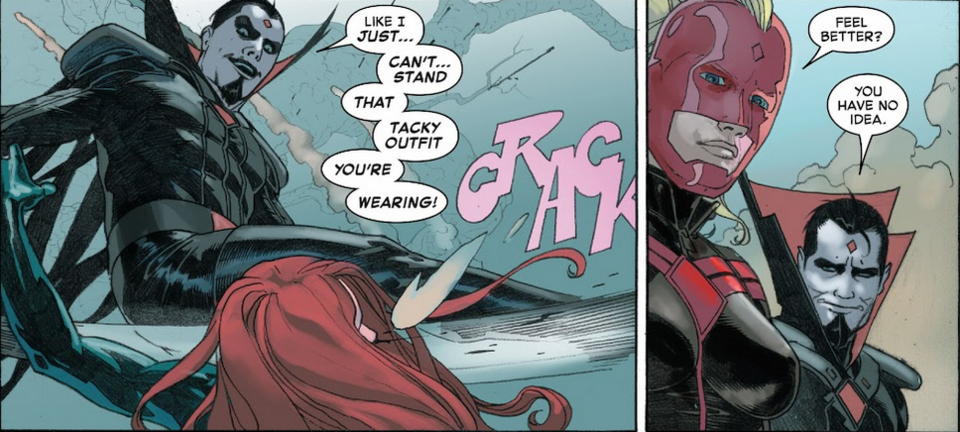 From what it appears, Madelyne's neck snaps from Baron Sinister kicking her in the head. Yet, she is later seen still alive and transformed after the Marvel Omniverse is returned to normal, which possibly insinuates that she survived. (Secret Wars 2015 #7)
