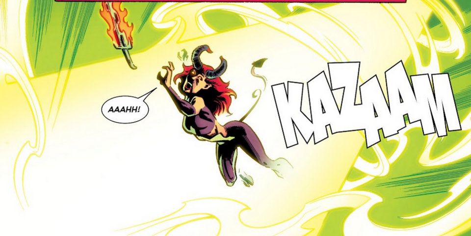Madelyne tanks a magical energy blast from young Beast. Despite being caught off-gaurd, she does not appear to be seriously hurt. In fact, after, she is only amused by the feat. (All-New X-Men vol 2 #16)