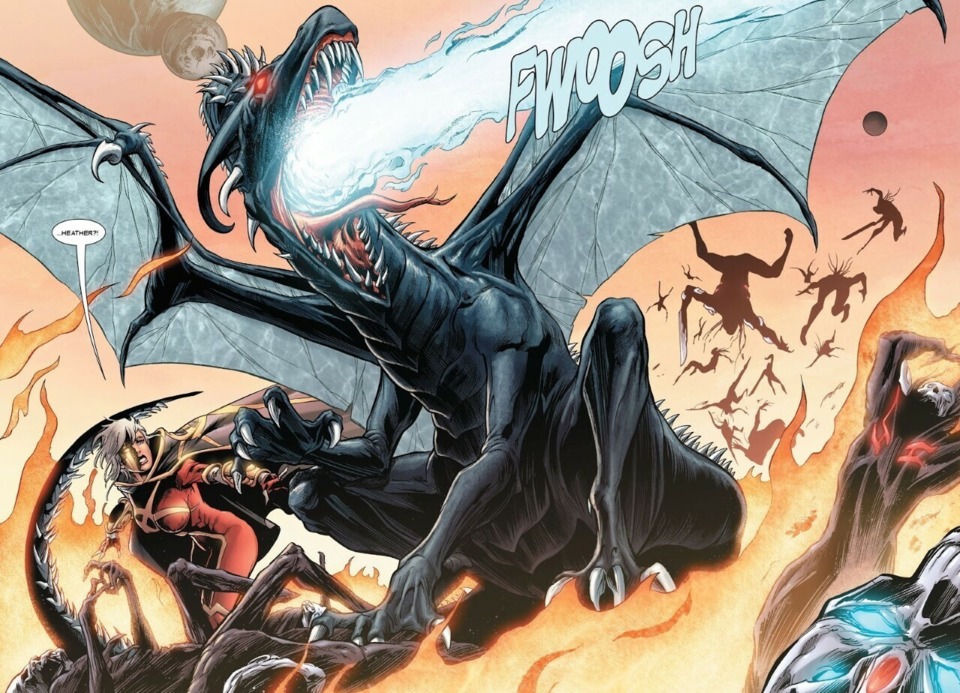Moondragon turns into a dragon for the first time, demonstrating that she has the ability to shoot blue dragon flames. (Annihilation: Conquest- Annihilation #2)