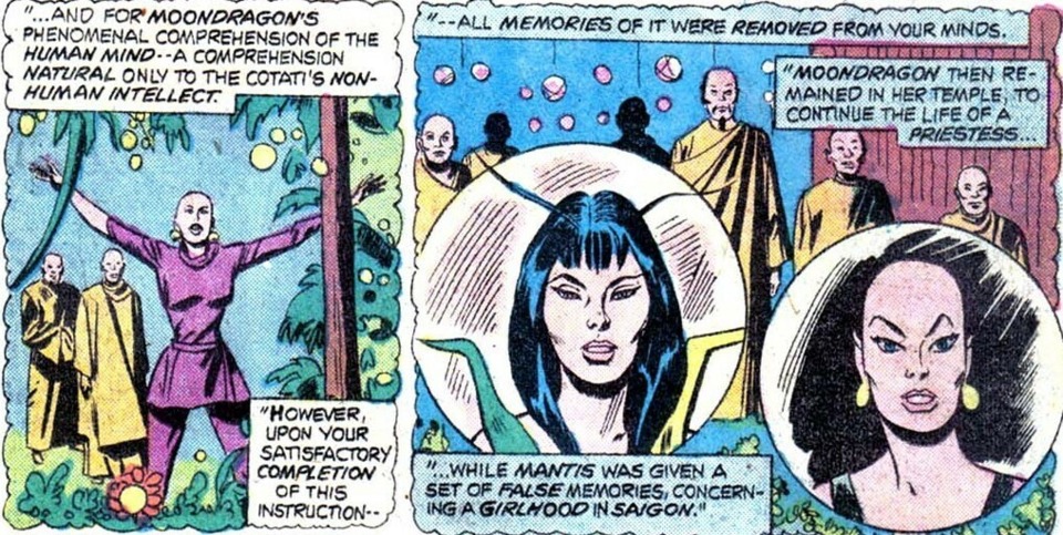 Moondragon was described to have a phenomenal comprehension of the human mind....a comprehension naturally taught by non-human intellect.....the non-human's were psychic, so its less ridiculous than it sounds. (Giant-Sized Avengers vol 1 #4)