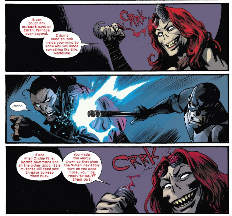 Madelyne casually breaks off her horns. (Dark X-Men vol 2 #5)